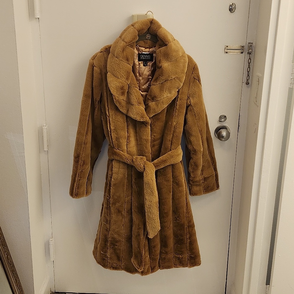 IN ORIGINAL PACKAGING Dennis Basso Faux Mink Coat w/Shawl Collar in Sandalwood